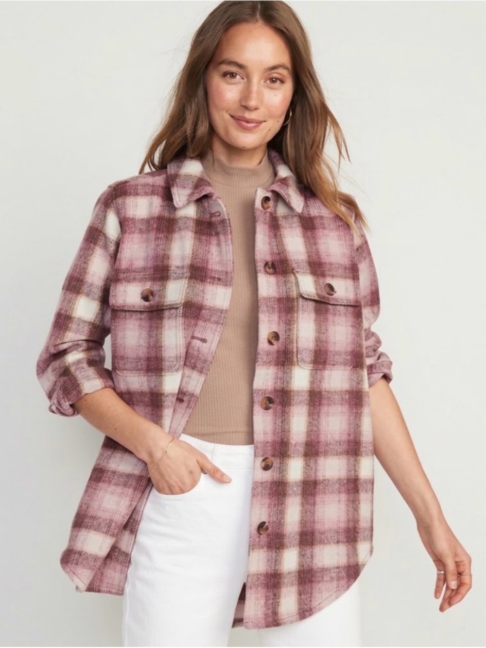 Old Navy Womens Small Pink Brown Plaid Soft-Brushed Utility Shacket Jacket S